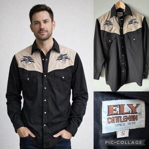 Vintage Ely Cattleman Black Tan western snap Shirt embroidered horse Yolk Small